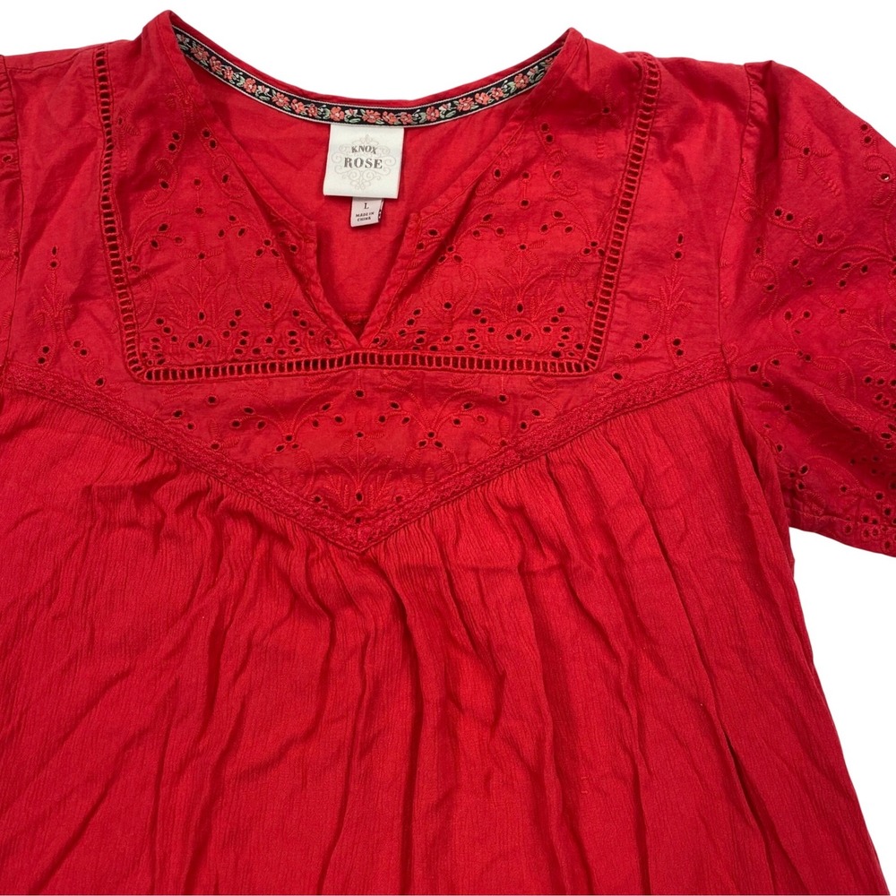 Knox Rose Blouse Womens Large Red Eyelet Embroidered Short Sleeve Boho Top